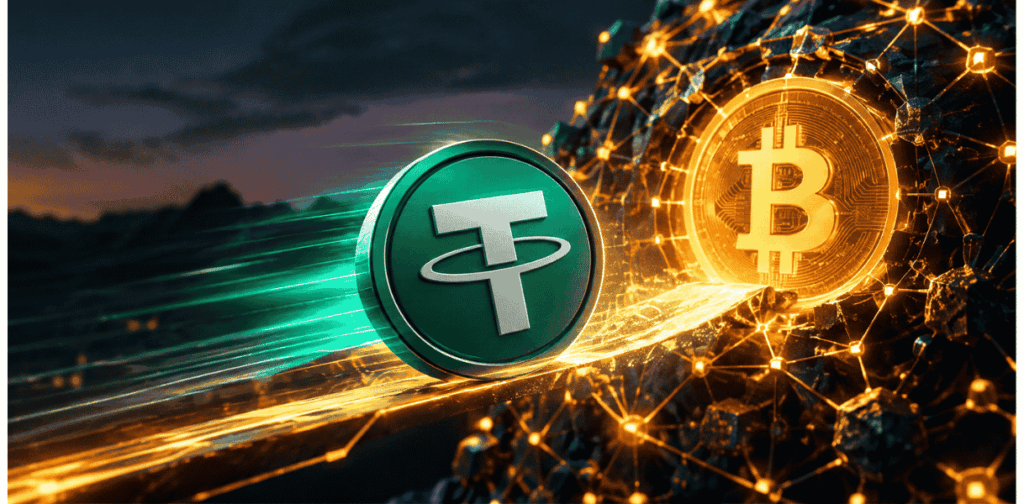 Logo de Tether entrando a la red de Bitcoin.