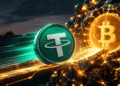 Logo de Tether entrando a la red de Bitcoin.