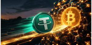 Logo de Tether entrando a la red de Bitcoin.