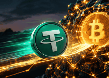 Logo de Tether entrando a la red de Bitcoin.