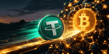 Logo de Tether entrando a la red de Bitcoin.