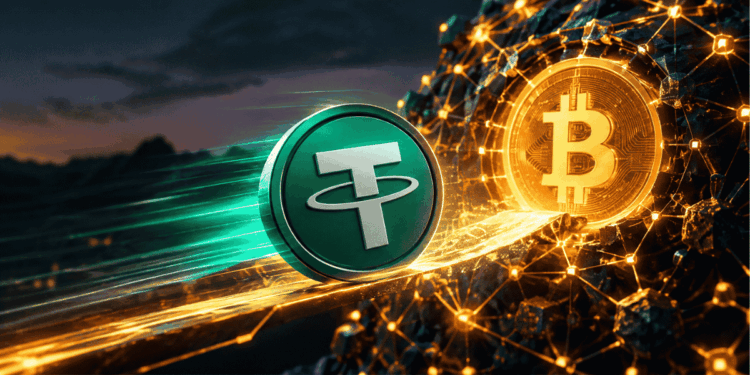 Logo de Tether entrando a la red de Bitcoin.