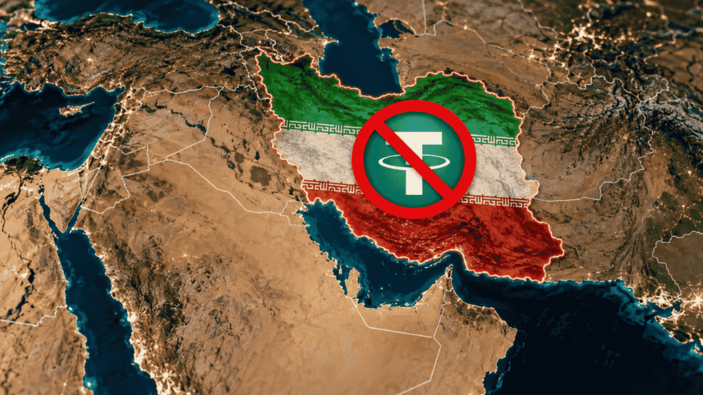 Mapa de Irán con el logo de USDT y el símbolo de "prohibido".