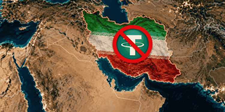 Mapa de Irán con el logo de USDT y el símbolo de "prohibido".
