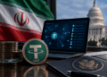 Moneda USDT frente a una laptop con transacciones blockchain, junto a las banderas de Irán y Estados Unidos.
