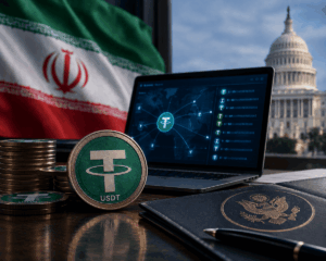 Moneda USDT frente a una laptop con transacciones blockchain, junto a las banderas de Irán y Estados Unidos.