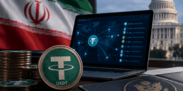 Moneda USDT frente a una laptop con transacciones blockchain, junto a las banderas de Irán y Estados Unidos.