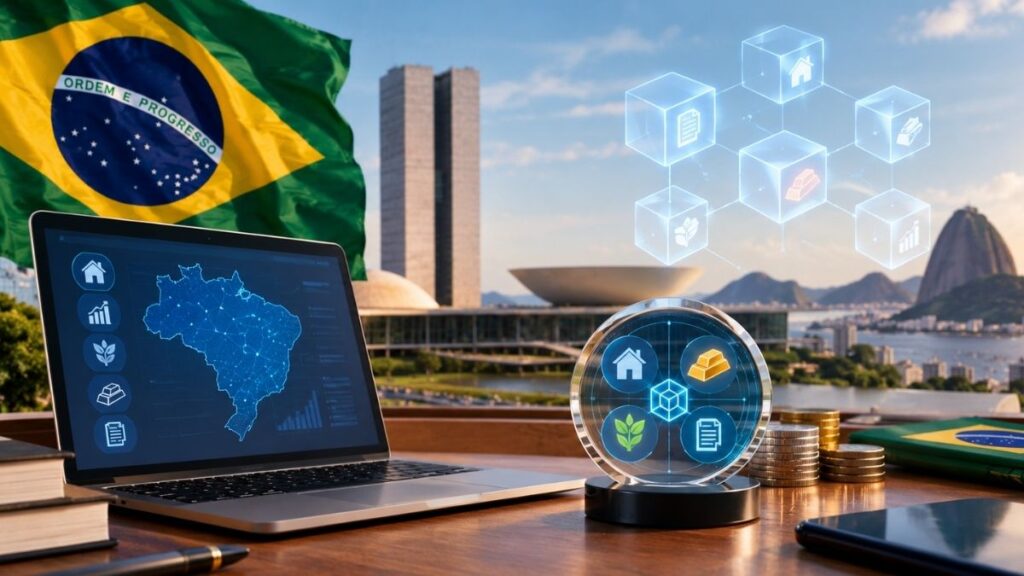 Tokenización de activos en Brasil con laptop mostrando mapa digital, iconos de blockchain, bandera nacional y Congreso de Brasília