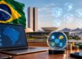 Tokenización de activos en Brasil con laptop mostrando mapa digital, iconos de blockchain, bandera nacional y Congreso de Brasília