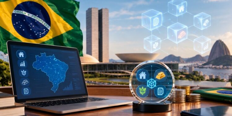 Tokenización de activos en Brasil con laptop mostrando mapa digital, iconos de blockchain, bandera nacional y Congreso de Brasília