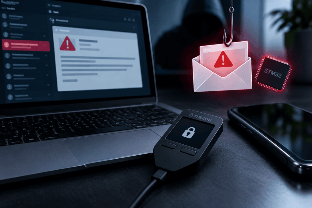 Wallet de hardware frente a una alerta de phishing y amenaza informática.