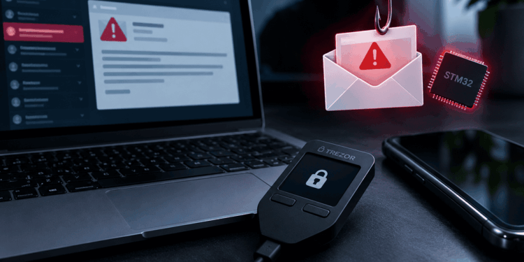 Wallet de hardware frente a una alerta de phishing y amenaza informática.