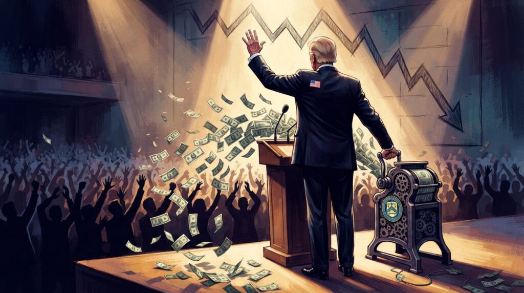 A figure resembling a president stands at a rally podium on a brightly lit stage, one hand raised toward a cheering crowd of silhouettes below, the other hand cranking a money-printing machine that spews a stream of dollar bills into the air and onto the stage floor. We only see the presidente from the back, so we can't see his face. Banknotes drift down over the applauding crowd. In the background, a stock-chart-style line trending downward. Warm spotlight on the stage fading to cool shadow at the edges, high contrast, satirical but polished tone.