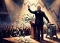 A figure resembling a president stands at a rally podium on a brightly lit stage, one hand raised toward a cheering crowd of silhouettes below, the other hand cranking a money-printing machine that spews a stream of dollar bills into the air and onto the stage floor. We only see the presidente from the back, so we can't see his face. Banknotes drift down over the applauding crowd. In the background, a stock-chart-style line trending downward. Warm spotlight on the stage fading to cool shadow at the edges, high contrast, satirical but polished tone.
