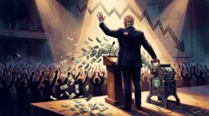 A figure resembling a president stands at a rally podium on a brightly lit stage, one hand raised toward a cheering crowd of silhouettes below, the other hand cranking a money-printing machine that spews a stream of dollar bills into the air and onto the stage floor. We only see the presidente from the back, so we can't see his face. Banknotes drift down over the applauding crowd. In the background, a stock-chart-style line trending downward. Warm spotlight on the stage fading to cool shadow at the edges, high contrast, satirical but polished tone.