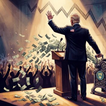 A figure resembling a president stands at a rally podium on a brightly lit stage, one hand raised toward a cheering crowd of silhouettes below, the other hand cranking a money-printing machine that spews a stream of dollar bills into the air and onto the stage floor. We only see the presidente from the back, so we can't see his face. Banknotes drift down over the applauding crowd. In the background, a stock-chart-style line trending downward. Warm spotlight on the stage fading to cool shadow at the edges, high contrast, satirical but polished tone.