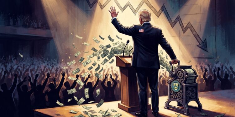 A figure resembling a president stands at a rally podium on a brightly lit stage, one hand raised toward a cheering crowd of silhouettes below, the other hand cranking a money-printing machine that spews a stream of dollar bills into the air and onto the stage floor. We only see the presidente from the back, so we can't see his face. Banknotes drift down over the applauding crowd. In the background, a stock-chart-style line trending downward. Warm spotlight on the stage fading to cool shadow at the edges, high contrast, satirical but polished tone.