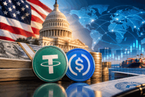 Stablecoins frente al Capitolio de EE. UU., con dólares y un mapa mundial de fondo.