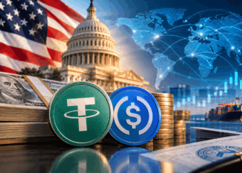 Stablecoins frente al Capitolio de EE. UU., con dólares y un mapa mundial de fondo.
