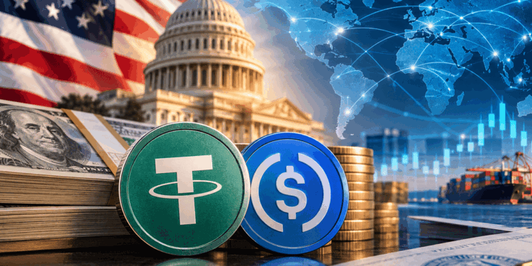Stablecoins frente al Capitolio de EE. UU., con dólares y un mapa mundial de fondo.