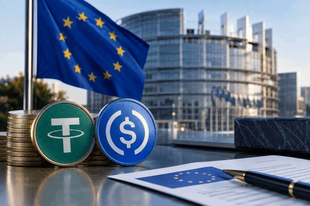 Stablecoins frente al Parlamento Europeo, simbolizando cambios regulatorios en sus reservas.