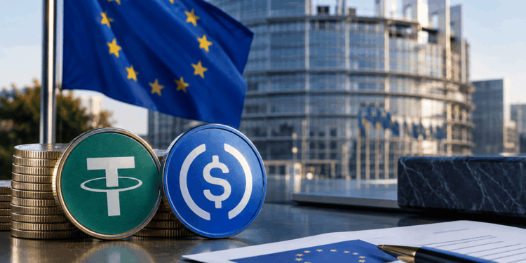 Stablecoins frente al Parlamento Europeo, simbolizando cambios regulatorios en sus reservas.