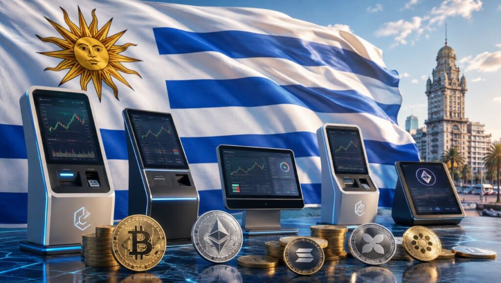 La bandera de Uruguay flamea detrás de criptomonedas y exchanges.