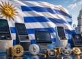 La bandera de Uruguay flamea detrás de criptomonedas y exchanges.