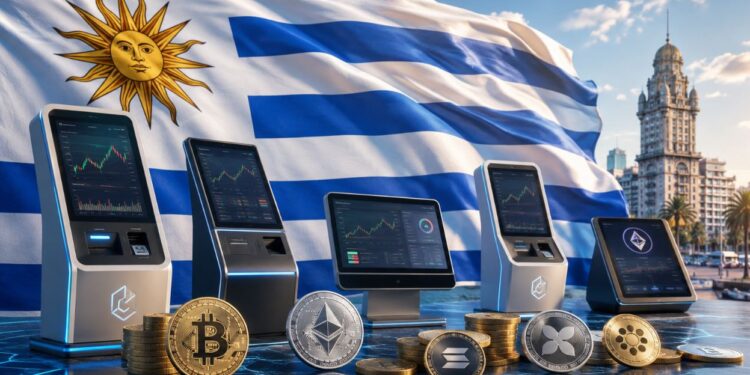 La bandera de Uruguay flamea detrás de criptomonedas y exchanges.