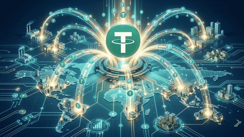 Imagen que simboliza el envío de USDT por parte de Tether hacia diversos países.