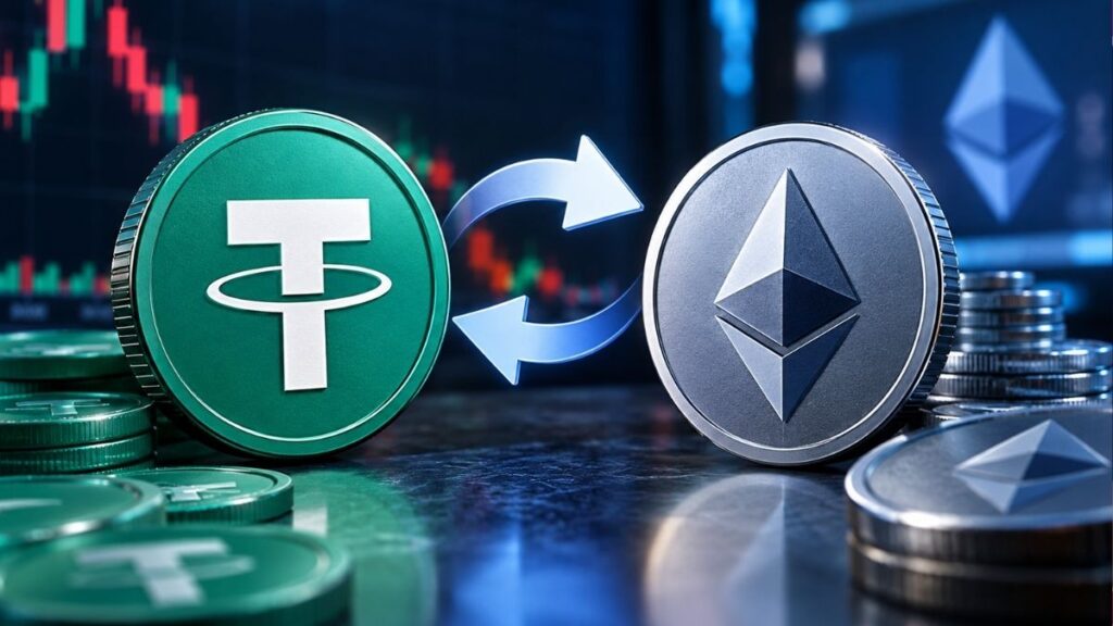 Monedas físicas de Tether (USDT) y Ethereum (ETH) conectadas por flechas de intercambio sobre un fondo de gráficos de trading.