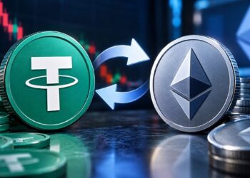 Monedas físicas de Tether (USDT) y Ethereum (ETH) conectadas por flechas de intercambio sobre un fondo de gráficos de trading.
