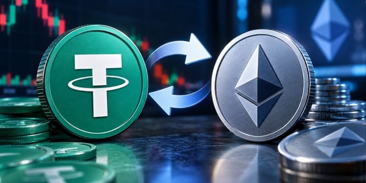 Monedas físicas de Tether (USDT) y Ethereum (ETH) conectadas por flechas de intercambio sobre un fondo de gráficos de trading.