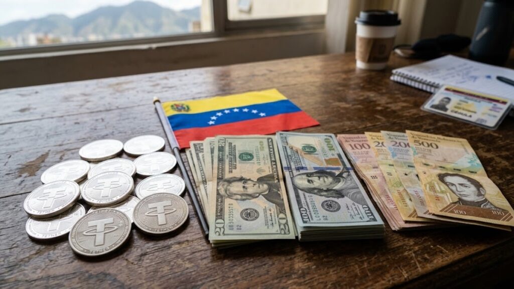 Monedas de USDT con la bandera de Venezuela y dólares en efectivo.