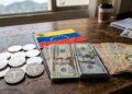 Monedas de USDT con la bandera de Venezuela y dólares en efectivo.