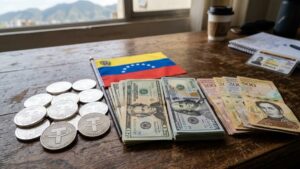 Monedas de USDT con la bandera de Venezuela y dólares en efectivo.