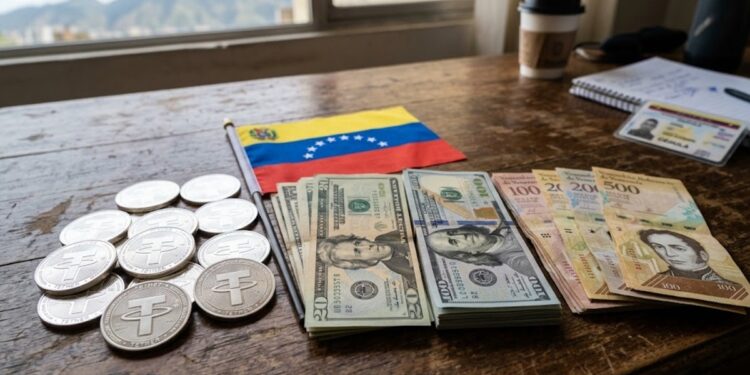 Monedas de USDT con la bandera de Venezuela y dólares en efectivo.