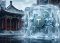 Bloque de hielo transparente congelando monedas de Tether (USDT) sobre el suelo urbano frente a un edificio de arquitectura tradicional china.