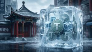 Bloque de hielo transparente congelando monedas de Tether (USDT) sobre el suelo urbano frente a un edificio de arquitectura tradicional china.