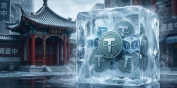 Bloque de hielo transparente congelando monedas de Tether (USDT) sobre el suelo urbano frente a un edificio de arquitectura tradicional china.