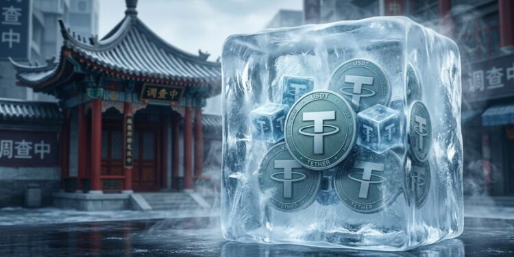 Bloque de hielo transparente congelando monedas de Tether (USDT) sobre el suelo urbano frente a un edificio de arquitectura tradicional china.