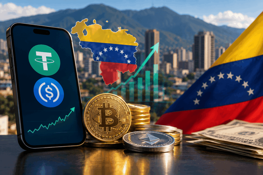 Teléfono con stablecoins junto a criptomonedas, dólares y la bandera de Venezuela, con Caracas y un gráfico ascendente al fondo.