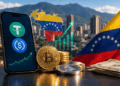 Teléfono con stablecoins junto a criptomonedas, dólares y la bandera de Venezuela, con Caracas y un gráfico ascendente al fondo.