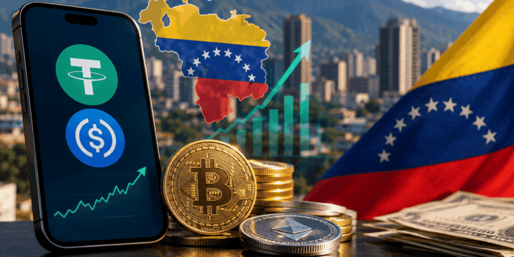 Teléfono con stablecoins junto a criptomonedas, dólares y la bandera de Venezuela, con Caracas y un gráfico ascendente al fondo.