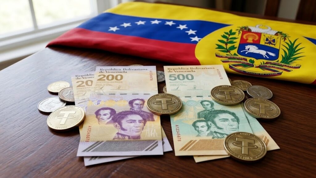 Billetes venezolanos junto a monedas de USDT y la bandera de Venezuela en el fondo.