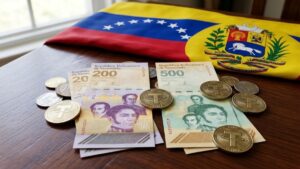 Billetes venezolanos junto a monedas de USDT y la bandera de Venezuela en el fondo.