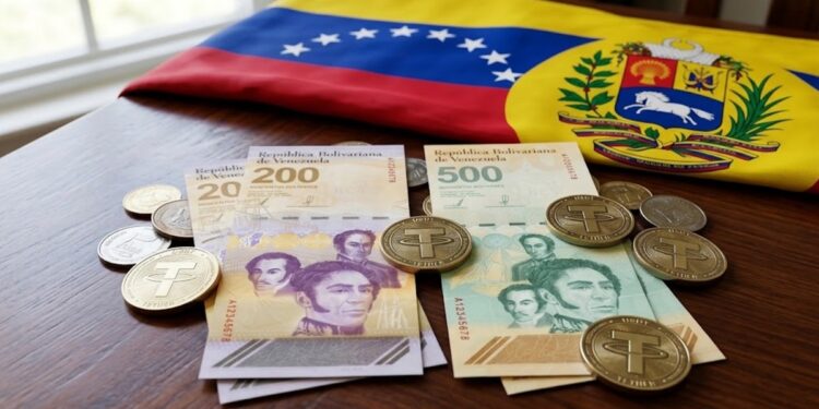 Billetes venezolanos junto a monedas de USDT y la bandera de Venezuela en el fondo.