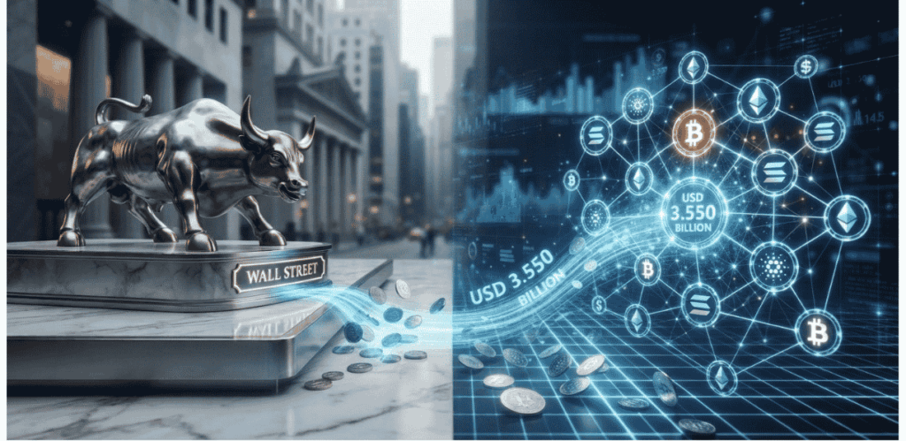 Logo del Wall Street inyectando capital a las principales criptomonedas.