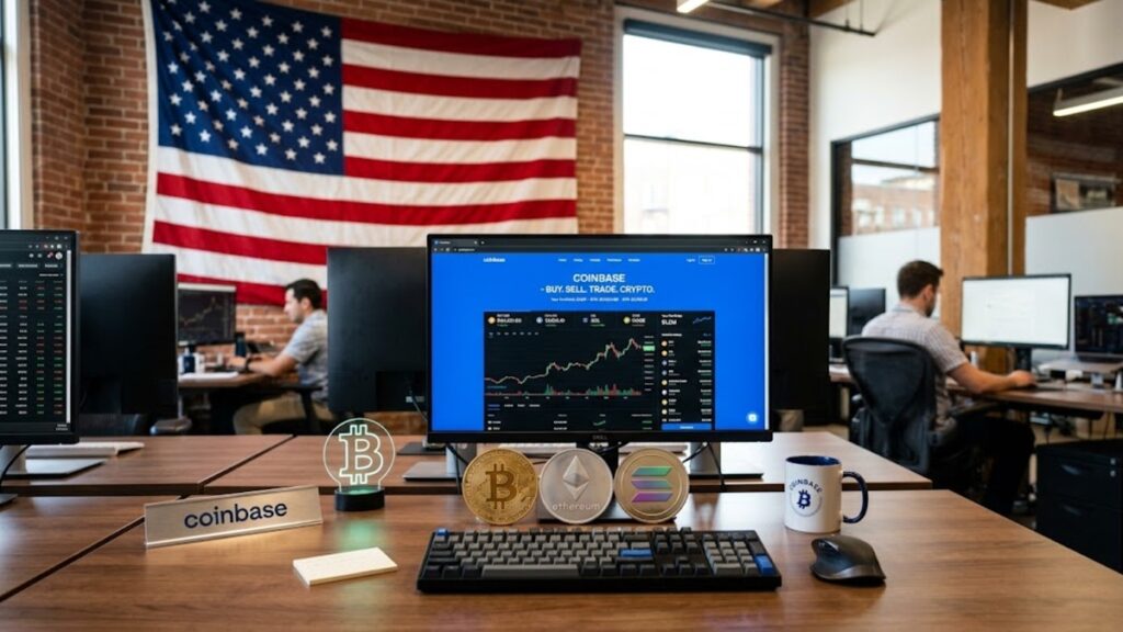 Logo Coinbase junto a criptomonedas y de fondo la bandera de EE. UU.