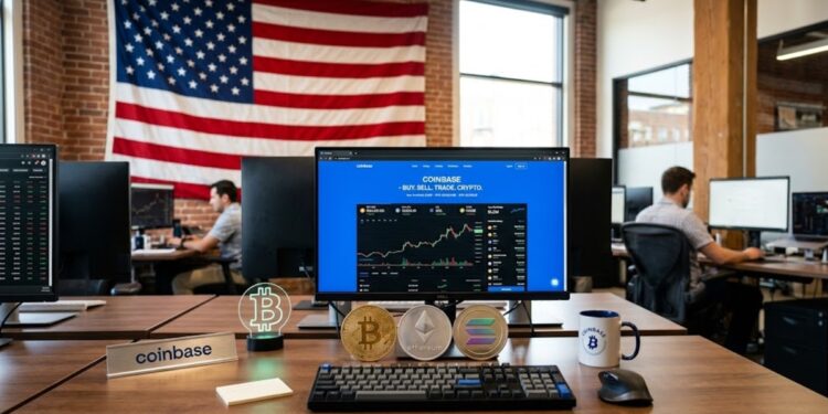Logo Coinbase junto a criptomonedas y de fondo la bandera de EE. UU.